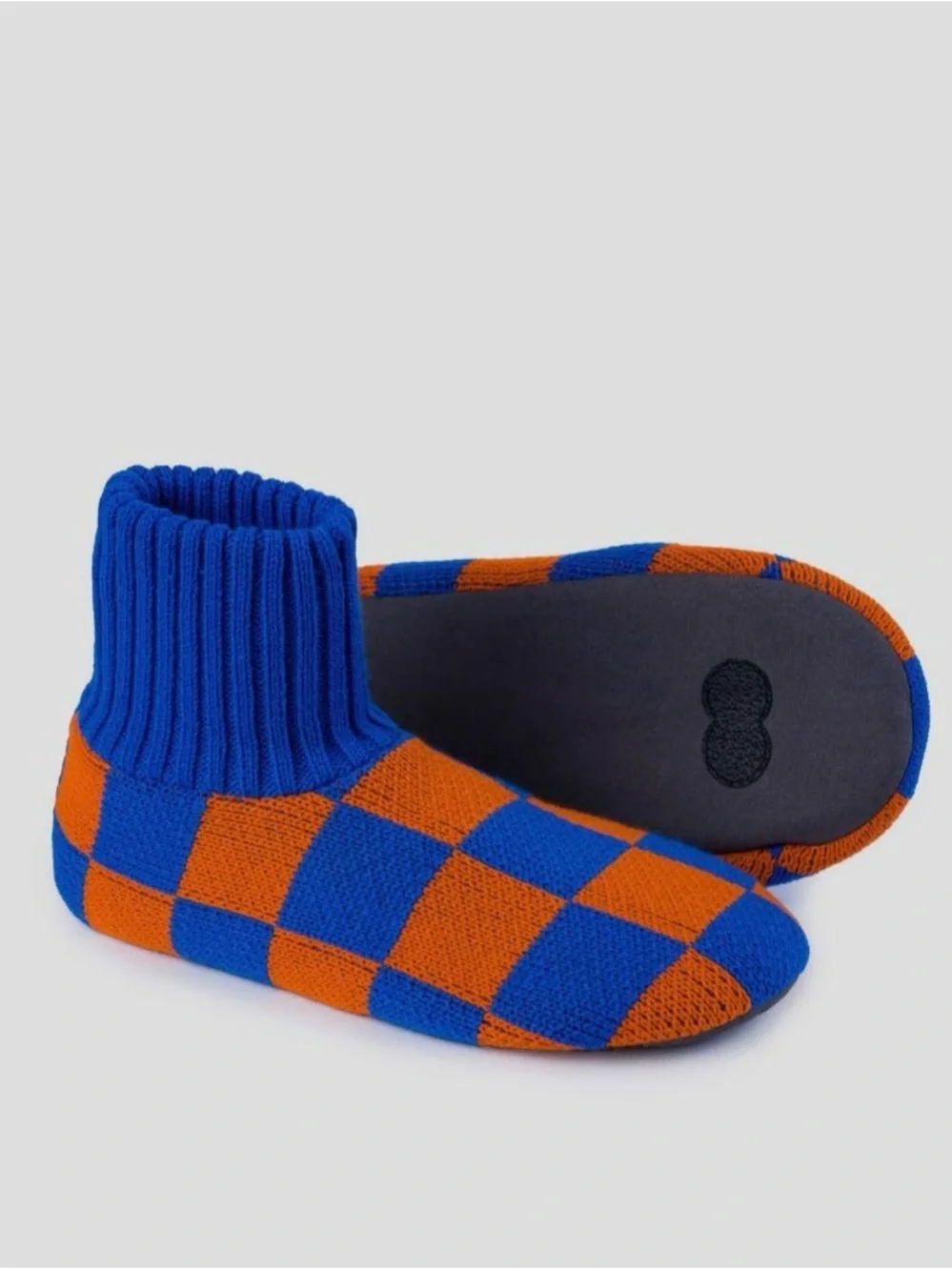 Checker Knit Casual Socks in Blue & Orange House Socks Soft Bottom